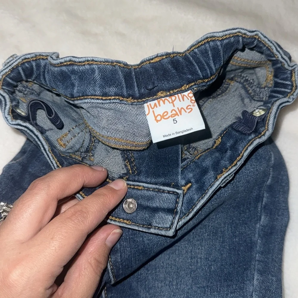 Jumping beans, size 5 adjustable waist blue jeans with sequence patterns on